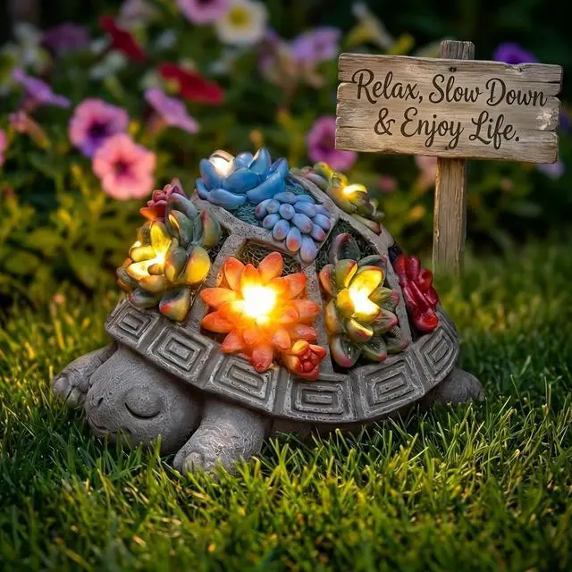 Alt view image 7 of 7 - Solar Turtle Garden Outdoor Decor with Succulent & 7 LED Lights Outside Tortoise Statue Decor for Yard Patio Balcony & Backyard - Home House Decoration Art - Gift for Men Dad Women Mom