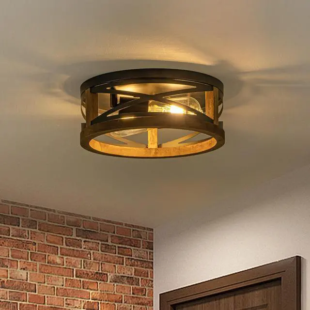Alt view image 2 of 7 - Farmhouse Ceiling Light, 2-Light Round Flush Mount Ceiling Light with Wood and Metal Frame, Black Rustic Light Fixture for Hallway, Entryway, Bedroom, Kitchen