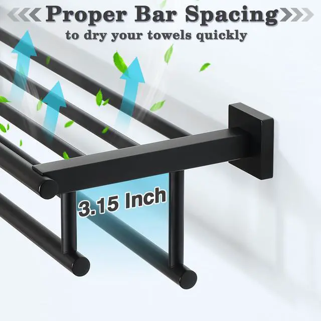 Alt view image 5 of 7 - Double Towel Rack for Bathroom Wall Mounted 24 Inch,Matte Black | Bathroom Tower Holder Towel Shelf with Double Towel Bars,SUS304 Stainless Steel Towel Rack with Shelf for Lavatory Kitchen
