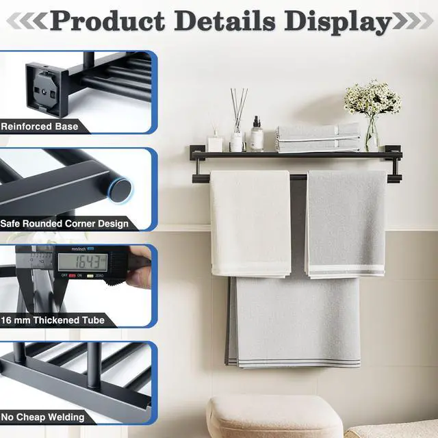 Alt view image 6 of 7 - Double Towel Rack for Bathroom Wall Mounted 24 Inch,Matte Black | Bathroom Tower Holder Towel Shelf with Double Towel Bars,SUS304 Stainless Steel Towel Rack with Shelf for Lavatory Kitchen