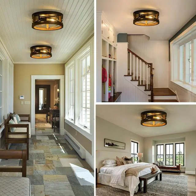 Alt view image 3 of 7 - Farmhouse Ceiling Light, 2-Light Round Flush Mount Ceiling Light with Wood and Metal Frame, Black Rustic Light Fixture for Hallway, Entryway, Bedroom, Kitchen