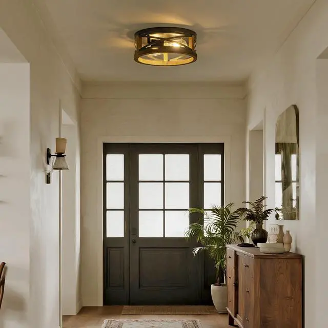 Alt view image 4 of 7 - Farmhouse Ceiling Light, 2-Light Round Flush Mount Ceiling Light with Wood and Metal Frame, Black Rustic Light Fixture for Hallway, Entryway, Bedroom, Kitchen
