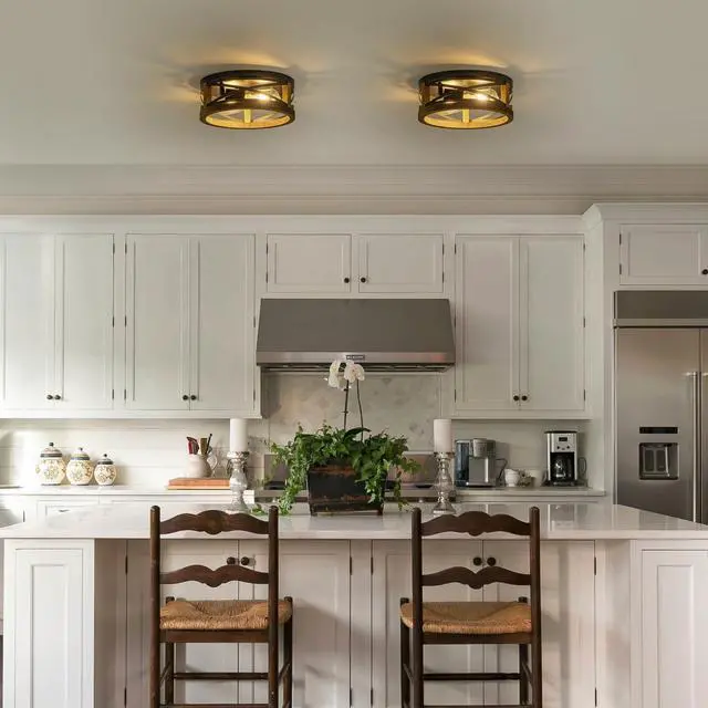 Alt view image 5 of 7 - Farmhouse Ceiling Light, 2-Light Round Flush Mount Ceiling Light with Wood and Metal Frame, Black Rustic Light Fixture for Hallway, Entryway, Bedroom, Kitchen