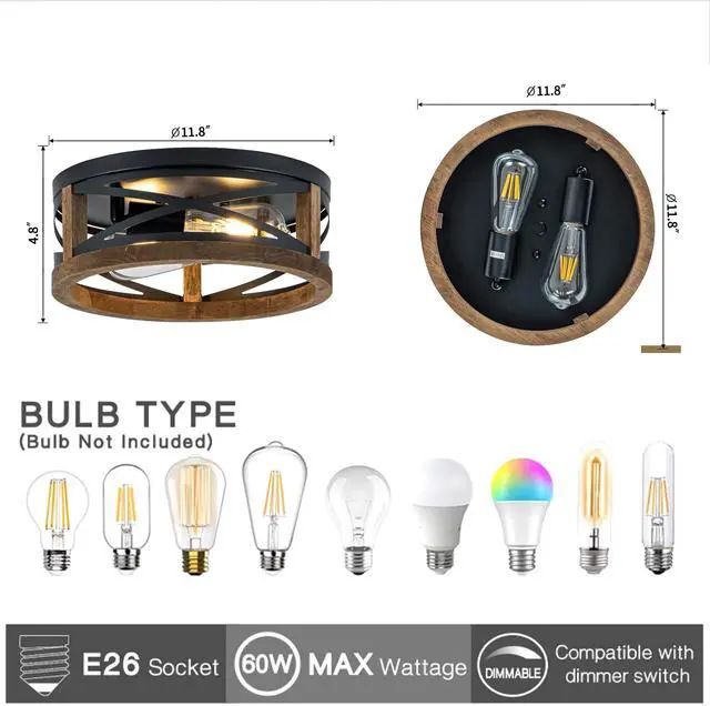 Alt view image 6 of 7 - Farmhouse Ceiling Light, 2-Light Round Flush Mount Ceiling Light with Wood and Metal Frame, Black Rustic Light Fixture for Hallway, Entryway, Bedroom, Kitchen