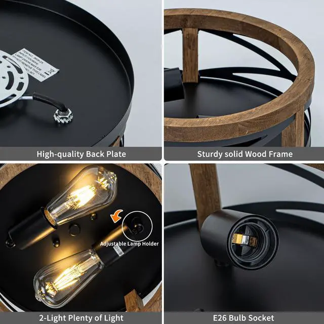 Alt view image 7 of 7 - Farmhouse Ceiling Light, 2-Light Round Flush Mount Ceiling Light with Wood and Metal Frame, Black Rustic Light Fixture for Hallway, Entryway, Bedroom, Kitchen
