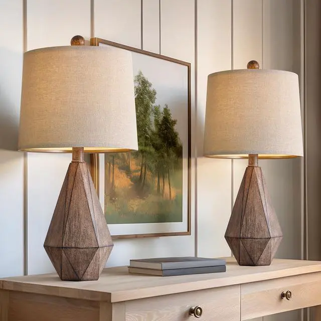 Alt view image 4 of 7 - 20.25" Retro Farmhouse Table Lamp Set of 2, Small for Bedside, Brown | Rustic bedroom lamps for nightstand, natural resin, compact design, rustic home decor for end table and hallway
