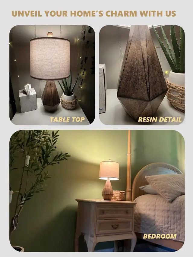Alt view image 2 of 7 - 20.25" Retro Farmhouse Table Lamp Set of 2, Small for Bedside, Brown | Rustic bedroom lamps for nightstand, natural resin, compact design, rustic home decor for end table and hallway