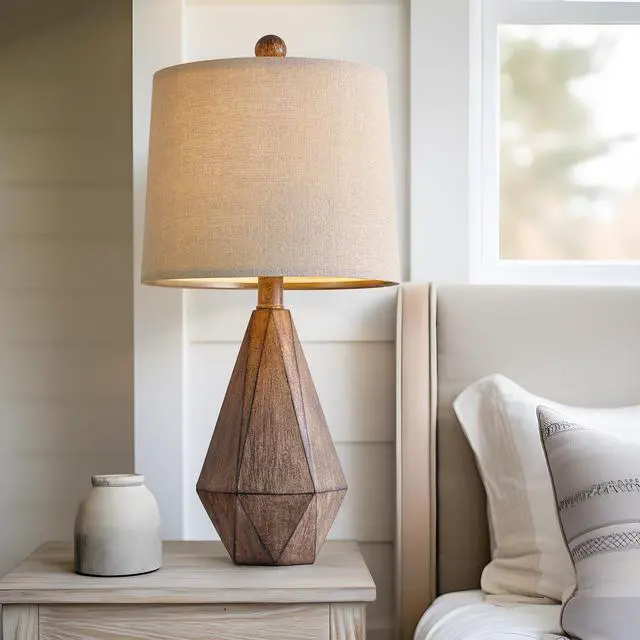 Alt view image 6 of 7 - 20.25" Retro Farmhouse Table Lamp Set of 2, Small for Bedside, Brown | Rustic bedroom lamps for nightstand, natural resin, compact design, rustic home decor for end table and hallway