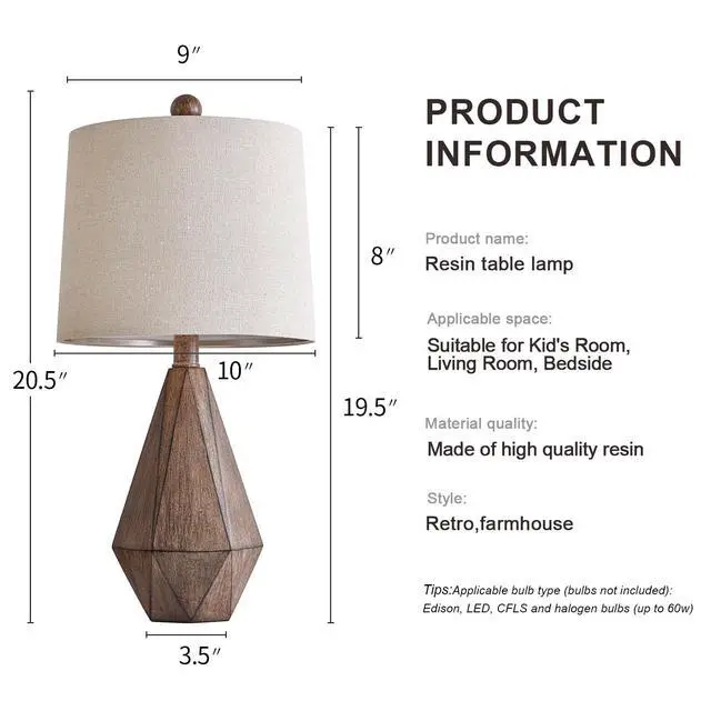 Alt view image 7 of 7 - 20.25" Retro Farmhouse Table Lamp Set of 2, Small for Bedside, Brown | Rustic bedroom lamps for nightstand, natural resin, compact design, rustic home decor for end table and hallway