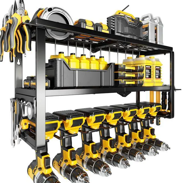 Main image of Power Tool Organizer Wall Mount- 300lb Heavy Duty 3-Tier Storage Rack with 7 Drill Holders for Garage Tools, Best Birthday Tools Gifts for Men Dad Husband