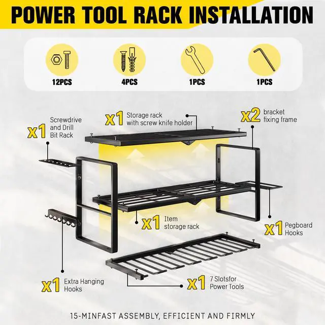 Alt view image 2 of 7 - Power Tool Organizer Wall Mount- 300lb Heavy Duty 3-Tier Storage Rack with 7 Drill Holders for Garage Tools, Best Birthday Tools Gifts for Men Dad Husband
