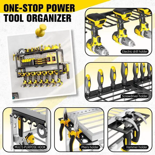 Alt view image 4 of 7 - Power Tool Organizer Wall Mount- 300lb Heavy Duty 3-Tier Storage Rack with 7 Drill Holders for Garage Tools, Best Birthday Tools Gifts for Men Dad Husband