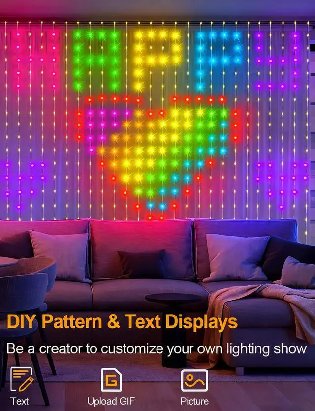 Alt view image 5 of 7 - 400 LED Smart Curtain Lights Plug in with App Programmable | 6.6 x 6.6ft RGB&IC DIY Pattern Music Sync for Bedroom Backdrop Decor