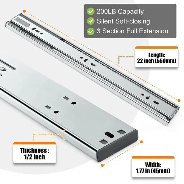 Alt view image 6 of 7 - 1 Pair Soft Close Drawer Slides 22 inch,Full Extension,200Lbs Load | Heavy Duty Cabinet Drawer Slides Replacement, Ball Bearing Drawer Slides, Cold-Rolled Steel, Rust-Resistant & Long Lasting