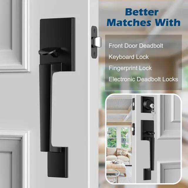 Alt view image 3 of 7 - Black Front Door Handle No Lock Sets, Exterior Entry Door Handle | Heavy Duty Matte Black Exterior Door Handle No Lock, Deadbolt Set Not Included, Front Door Lock Set for Left/Right Levers