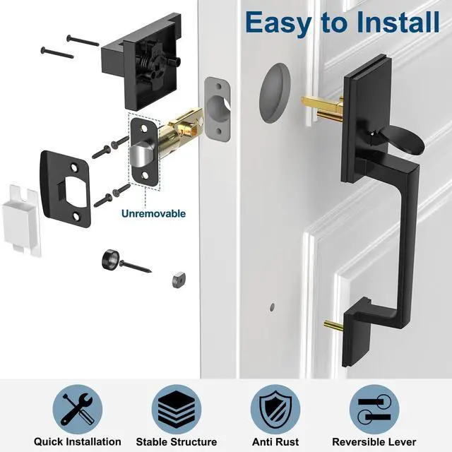 Alt view image 5 of 7 - Black Front Door Handle No Lock Sets, Exterior Entry Door Handle | Heavy Duty Matte Black Exterior Door Handle No Lock, Deadbolt Set Not Included, Front Door Lock Set for Left/Right Levers