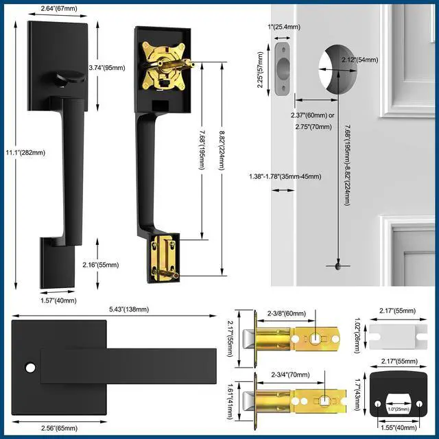 Alt view image 7 of 7 - Black Front Door Handle No Lock Sets, Exterior Entry Door Handle | Heavy Duty Matte Black Exterior Door Handle No Lock, Deadbolt Set Not Included, Front Door Lock Set for Left/Right Levers