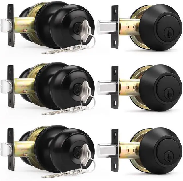 Main image of Entry Door Knobs Lock Set and Single Cylinder Deadbolt Combination Set, Entry Door Locksets with Deadbolt Same Key Flat Black (3 Pack), Keyed Alike