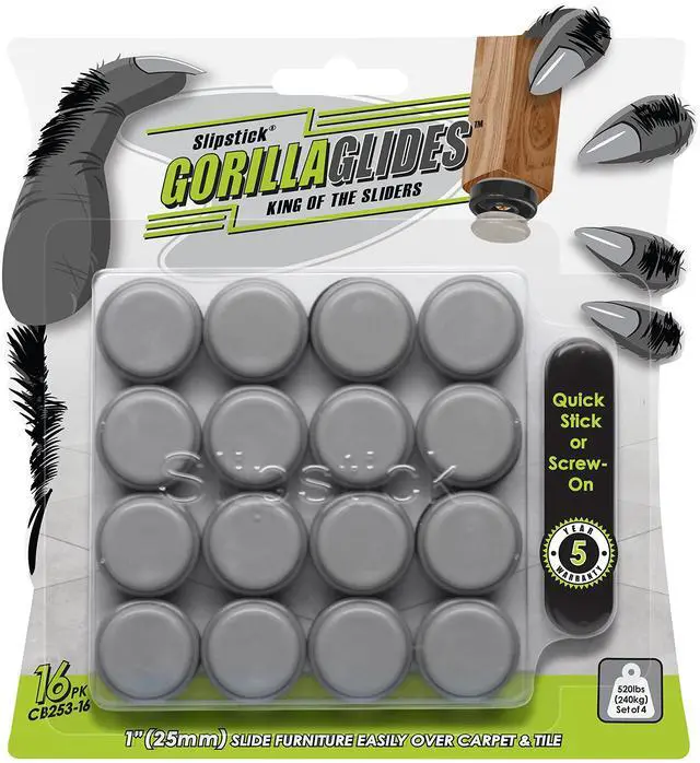 Main image of GorillaGlides 1 Inch Chair Sliders/Furniture Floor Protectors (16 Furniture Glides) Self-Adhesive Screw On Chair Glides for Sliding on Low-Pile Carpet & Hard Surface Floors, Round
