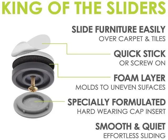 Alt view image 3 of 6 - GorillaGlides 1 Inch Chair Sliders/Furniture Floor Protectors (16 Furniture Glides) Self-Adhesive Screw On Chair Glides for Sliding on Low-Pile Carpet & Hard Surface Floors, Round