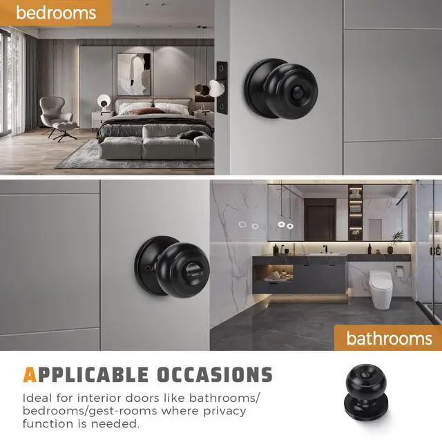 Alt view image 3 of 7 - 6 Pack Privacy Door Knob for Bathroom or Bedroom Door Knobs, Round Interior Door Knobs, Indoor Door Knob, Keyless Black Door Knob with Lock, Door Handle Lock for Interior Doors, Matte Black