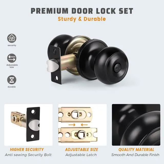 Alt view image 4 of 7 - 6 Pack Privacy Door Knob for Bathroom or Bedroom Door Knobs, Round Interior Door Knobs, Indoor Door Knob, Keyless Black Door Knob with Lock, Door Handle Lock for Interior Doors, Matte Black