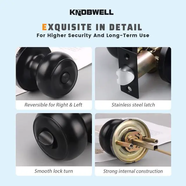Alt view image 6 of 7 - 6 Pack Privacy Door Knob for Bathroom or Bedroom Door Knobs, Round Interior Door Knobs, Indoor Door Knob, Keyless Black Door Knob with Lock, Door Handle Lock for Interior Doors, Matte Black