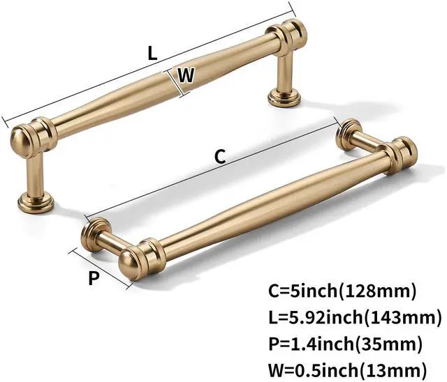 Alt view image 2 of 6 - 10 Pack 5inch(128mm) Hole Center Brushed Brass Cabinet pulls Satin Brass Solid Heavy-Duty Tradition Kitchen Cabinet Handle Cabinet Hardware for Dressing Table Bathroom Pull