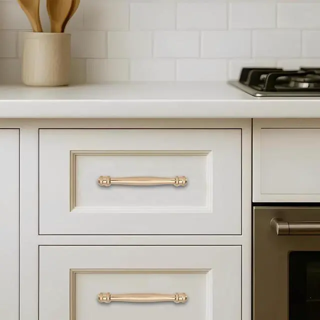 Alt view image 3 of 6 - 10 Pack 5inch(128mm) Hole Center Brushed Brass Cabinet pulls Satin Brass Solid Heavy-Duty Tradition Kitchen Cabinet Handle Cabinet Hardware for Dressing Table Bathroom Pull