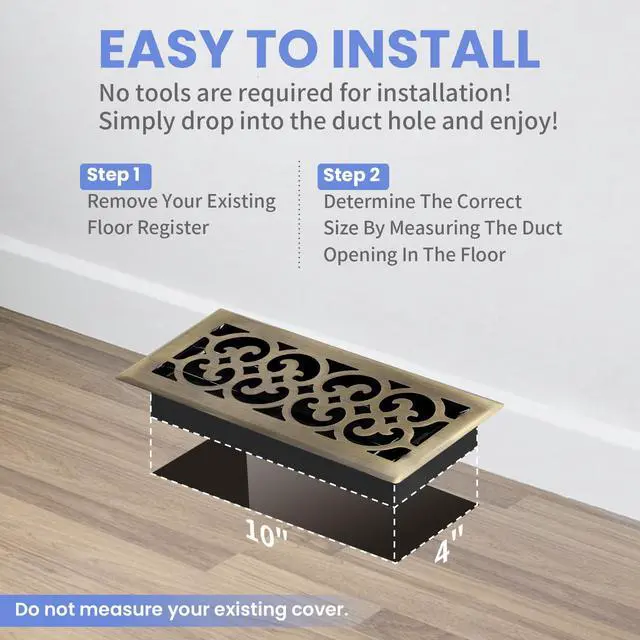 Alt view image 6 of 7 - 4x10 Inches Heavy Duty Walkable Floor Register Easy Adjust Air Supply Lever Floor Vents - Charlotte Design - Vent Cover for Home Floor - Antique Brass