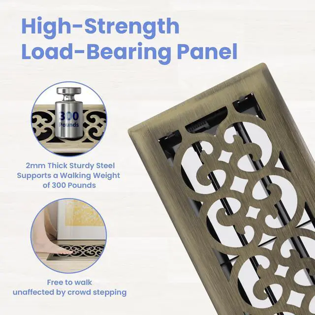 Alt view image 2 of 7 - 4x10 Inches Heavy Duty Walkable Floor Register Easy Adjust Air Supply Lever Floor Vents - Charlotte Design - Vent Cover for Home Floor - Antique Brass
