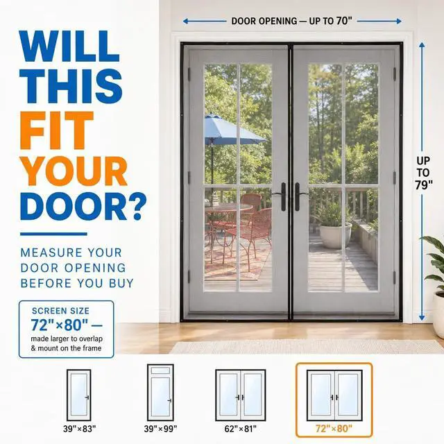 Alt view image 2 of 7 - Magnetic Screen Door for 72"x80" French Door, Durable Fiberglass Double Door Screen Mesh Curtain Fits Door Opening up to 70" x79 Keep Bugs Out