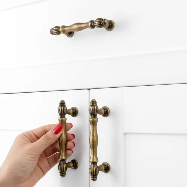 Alt view image 4 of 7 - 3 Inch Antique Brass Cabinet Pulls Drawer Handles 10 Pack 2510 | Vintage Brass Kitchen Cabinet Handles, French Style, Comfortable Grip, Solid Hardware for Dressers Cupboards Bathroom Vanity