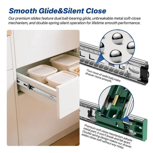 Alt view image 3 of 7 - 4 Pairs 22 Inch Soft Close Drawer Slides Ball Bearing Cabinet Rails | Quick-Release;100lb Heavy Duty Load Capacity;3-Section Full Extension; Smooth Side Mount Glides;Whisper Quiet Cabinet Runners