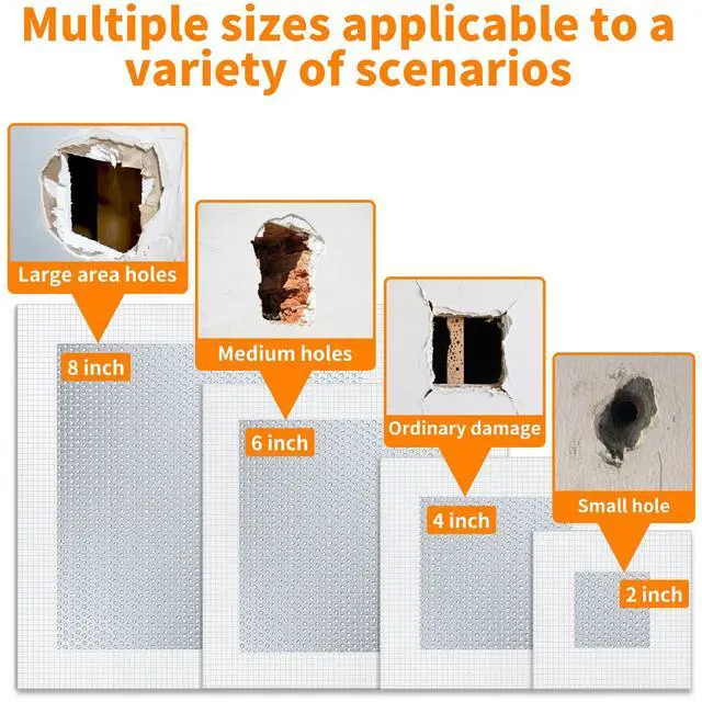 Alt view image 4 of 7 - Wall Repair Patch Kit, 15 Pieces Aluminum Self-Adhesive Mesh Repair Patches for Drywall, Multiple Large Small Sizes 2/4/6/8 Inch Drywall Hole Repair Kit, Permanently Repairs Damaged Walls and Ceilings