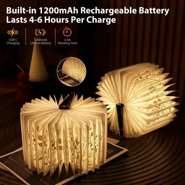 Alt view image 4 of 7 - Book Lover Gift, Folding Book Lamp Decor, Portable Print Book Light | 1200mAh Rechargeable Night Light, Paper Desk Lamp, Reading Bookshelf Lamp, Gift for Women & Readers & Christmas (Black