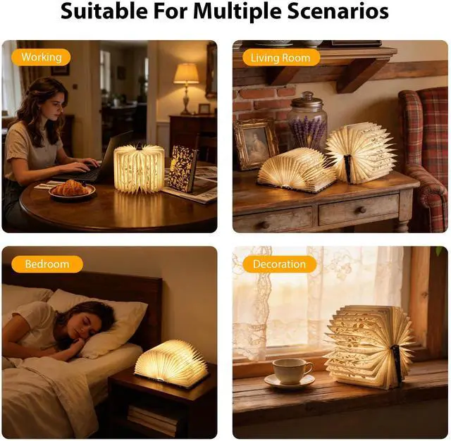 Alt view image 3 of 7 - Book Lover Gift, Folding Book Lamp Decor, Portable Print Book Light | 1200mAh Rechargeable Night Light, Paper Desk Lamp, Reading Bookshelf Lamp, Gift for Women & Readers & Christmas (Black