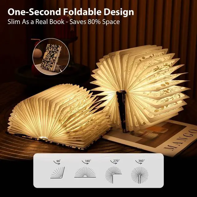 Alt view image 6 of 7 - Book Lover Gift, Folding Book Lamp Decor, Portable Print Book Light | 1200mAh Rechargeable Night Light, Paper Desk Lamp, Reading Bookshelf Lamp, Gift for Women & Readers & Christmas (Black