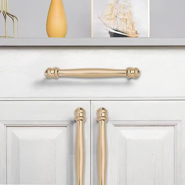 Alt view image 5 of 6 - 10 Pack 5inch(128mm) Hole Center Brushed Brass Cabinet pulls Satin Brass Solid Heavy-Duty Tradition Kitchen Cabinet Handle Cabinet Hardware for Dressing Table Bathroom Pull