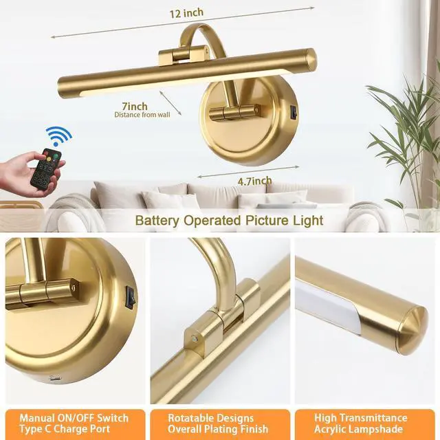 Alt view image 2 of 7 - Rechargeable Picture Light for Wall, Dimmable Art Lights for Painting, Battery Operated Wall Sconce with Remote, 3 light Color,Timer & Brightness Setting for Artwork, Gallery(Brass, 12inch)