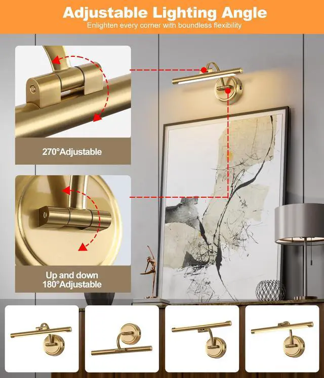 Alt view image 3 of 7 - Rechargeable Picture Light for Wall, Dimmable Art Lights for Painting, Battery Operated Wall Sconce with Remote, 3 light Color,Timer & Brightness Setting for Artwork, Gallery(Brass, 12inch)
