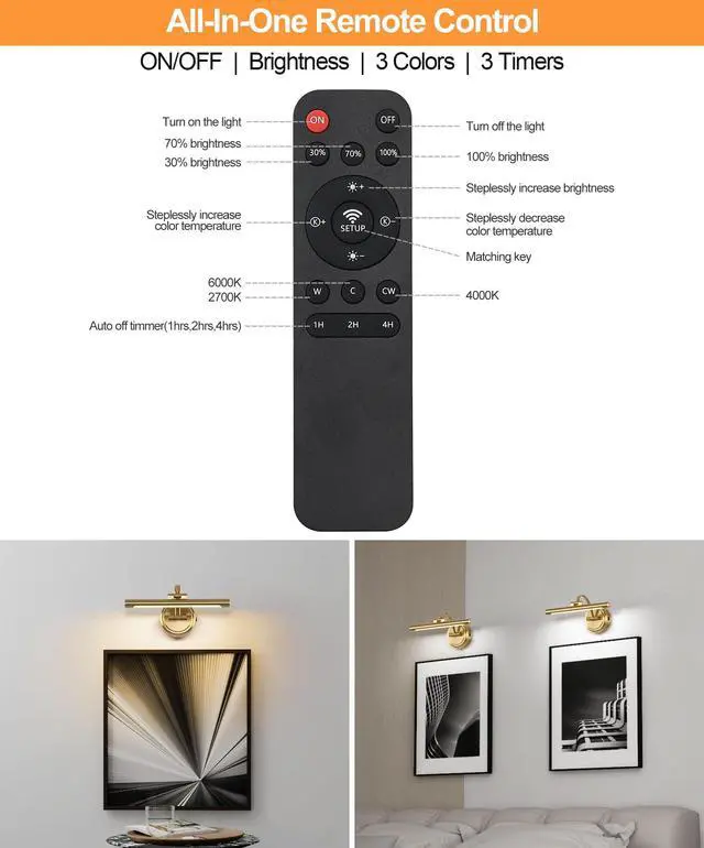 Alt view image 7 of 7 - Rechargeable Picture Light for Wall, Dimmable Art Lights for Painting, Battery Operated Wall Sconce with Remote, 3 light Color,Timer & Brightness Setting for Artwork, Gallery(Brass, 12inch)