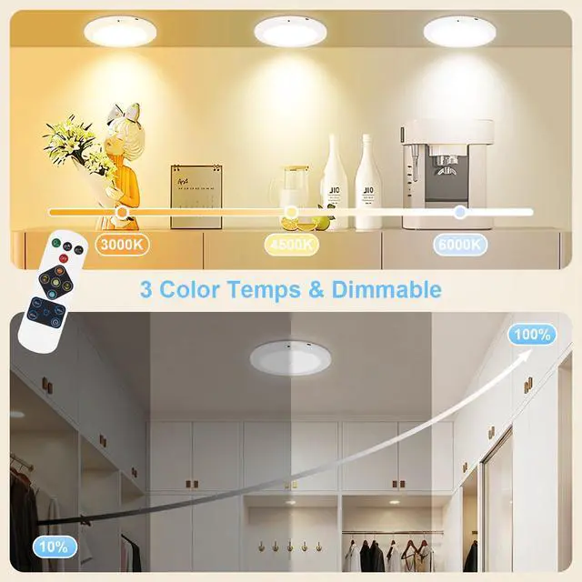 Alt view image 5 of 7 - 2Pack Rechargeable Magnetic Ceiling Light/Shower Light with Remote | Motion Sensor, Wireless, Power Indicator, Waterproof, Battery-Powered LED, 3 Color, Dimmable, Closet, Pantry, Hallway, Patio