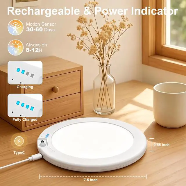 Alt view image 2 of 7 - 2Pack Rechargeable Magnetic Ceiling Light/Shower Light with Remote | Motion Sensor, Wireless, Power Indicator, Waterproof, Battery-Powered LED, 3 Color, Dimmable, Closet, Pantry, Hallway, Patio