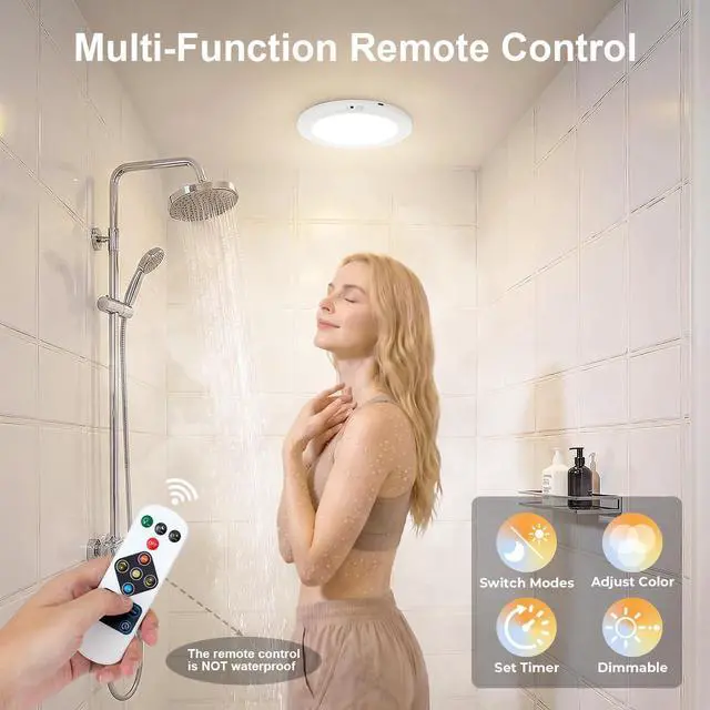 Alt view image 4 of 7 - 2Pack Rechargeable Magnetic Ceiling Light/Shower Light with Remote | Motion Sensor, Wireless, Power Indicator, Waterproof, Battery-Powered LED, 3 Color, Dimmable, Closet, Pantry, Hallway, Patio