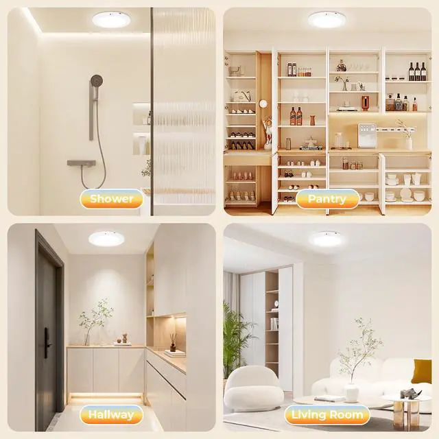 Alt view image 7 of 7 - 2Pack Rechargeable Magnetic Ceiling Light/Shower Light with Remote | Motion Sensor, Wireless, Power Indicator, Waterproof, Battery-Powered LED, 3 Color, Dimmable, Closet, Pantry, Hallway, Patio