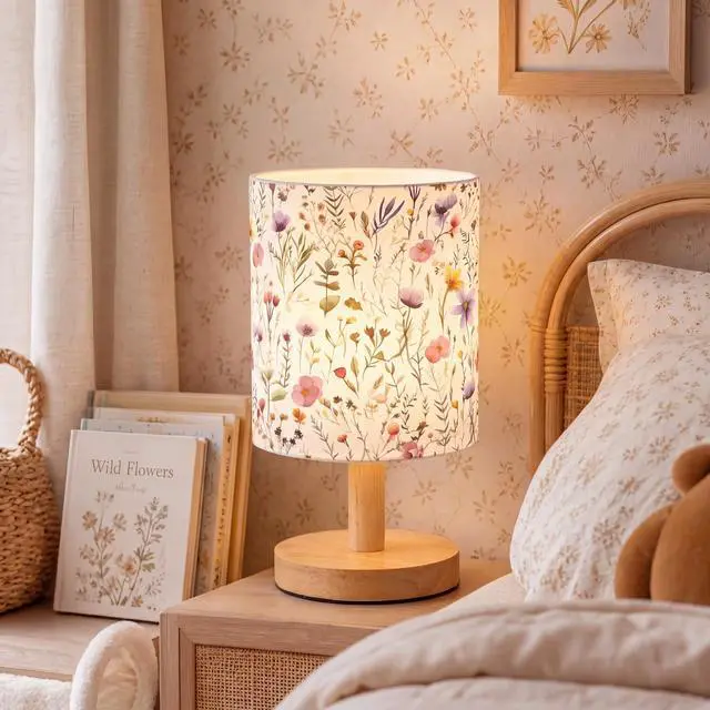 Alt view image 3 of 7 - Wildflower Kids Table Lamp for Bedroom Kids Lamps for Girls Room | Cartoon Lampshade for Girls Nursery, Linen Fabric with Wooden Base, Soft Warm Light for Kids Bedside Reading and Decor