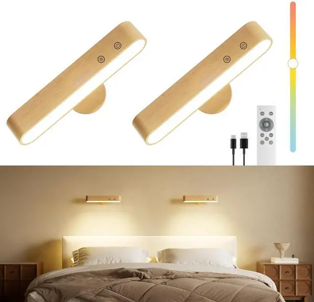 Main image of Rechargeable LED Wall Sconces Set of Two,Wall Lights for Bedroom with Remote Control and Touch,360° Magnetic Rotation,3 Colors Dimmable Brightness Wood Wall Lamps with 15 RGB Colors,2 Pack
