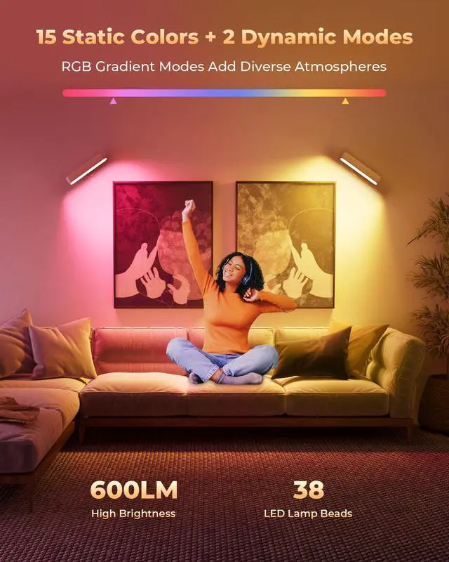 Alt view image 2 of 7 - Rechargeable LED Wall Sconces Set of Two,Wall Lights for Bedroom with Remote Control and Touch,360° Magnetic Rotation,3 Colors Dimmable Brightness Wood Wall Lamps with 15 RGB Colors,2 Pack