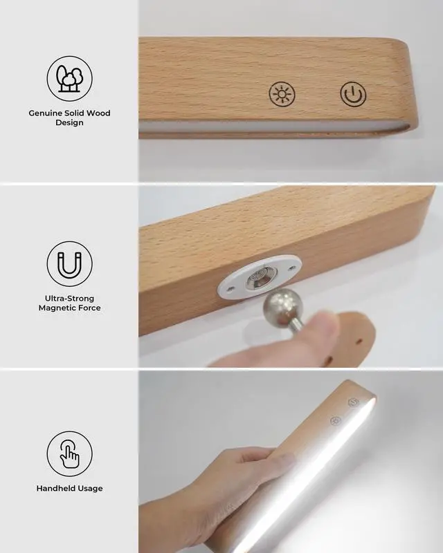 Alt view image 5 of 7 - Rechargeable LED Wall Sconces Set of Two,Wall Lights for Bedroom with Remote Control and Touch,360° Magnetic Rotation,3 Colors Dimmable Brightness Wood Wall Lamps with 15 RGB Colors,2 Pack